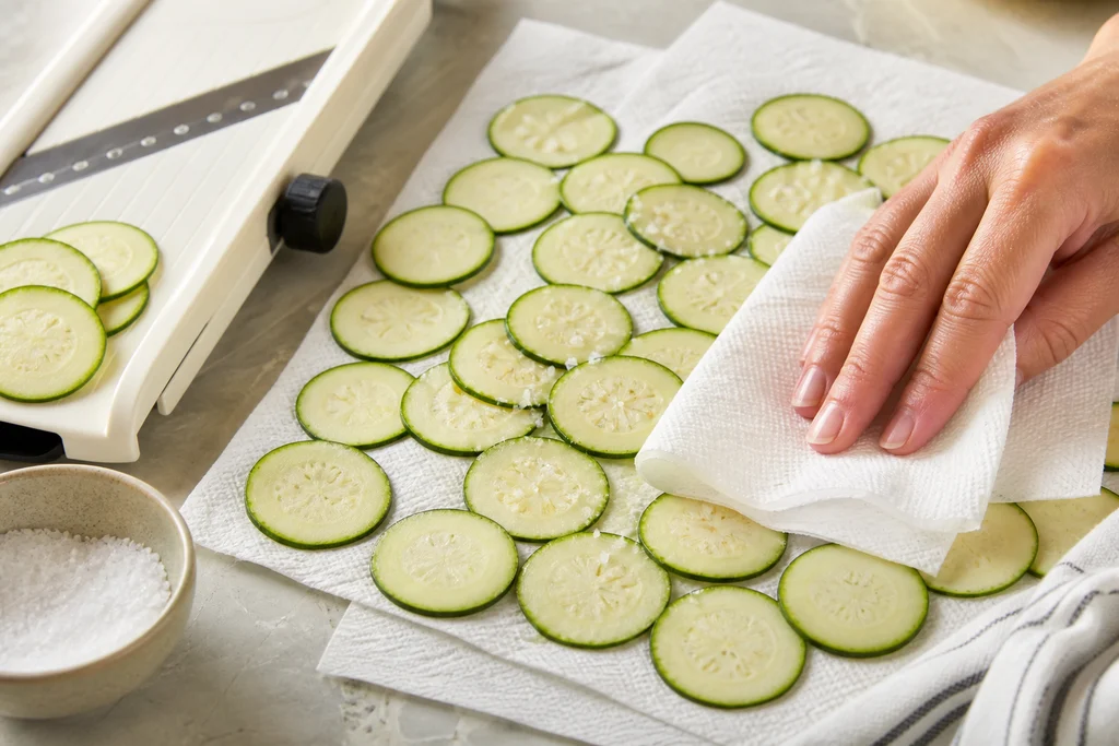 Thin zucchini slices drying on paper towels for crispy baked chips