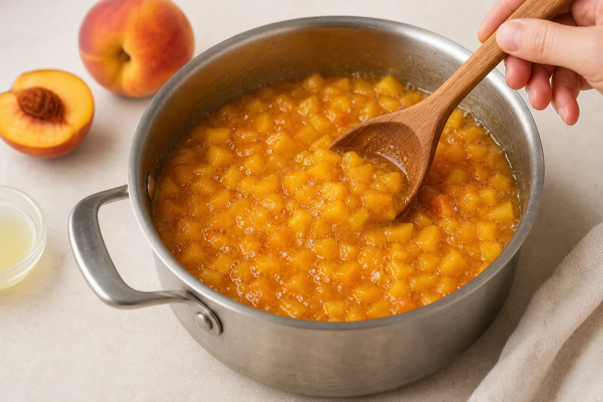 Diced peaches, sugar and lemon juice simmering in a stainless saucepan