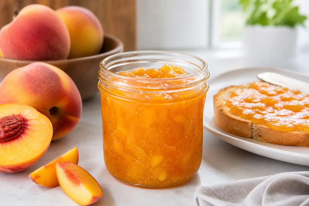 Open refrigerator jar of homemade peach jam with ripe peaches and toast