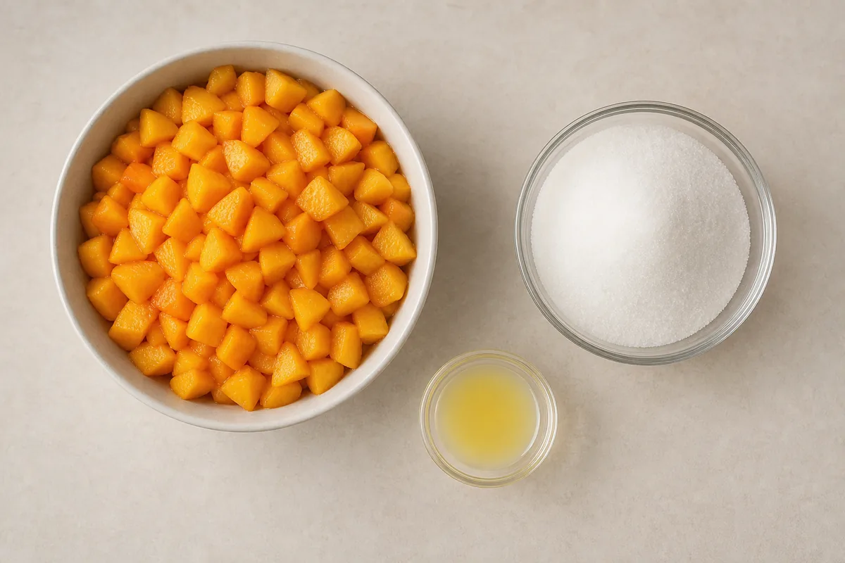 Four cups diced peaches, granulated sugar and fresh lemon juice