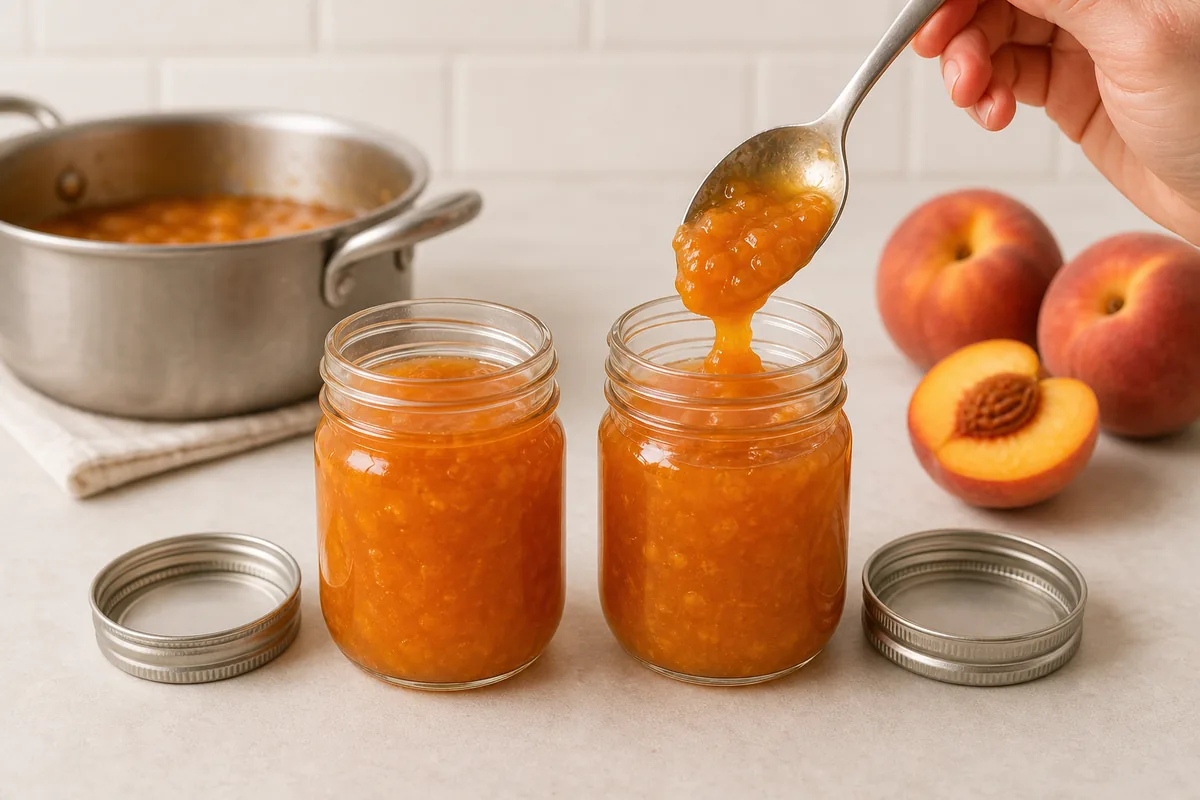 Cooled peach jam being spooned into two clean open refrigerator jars