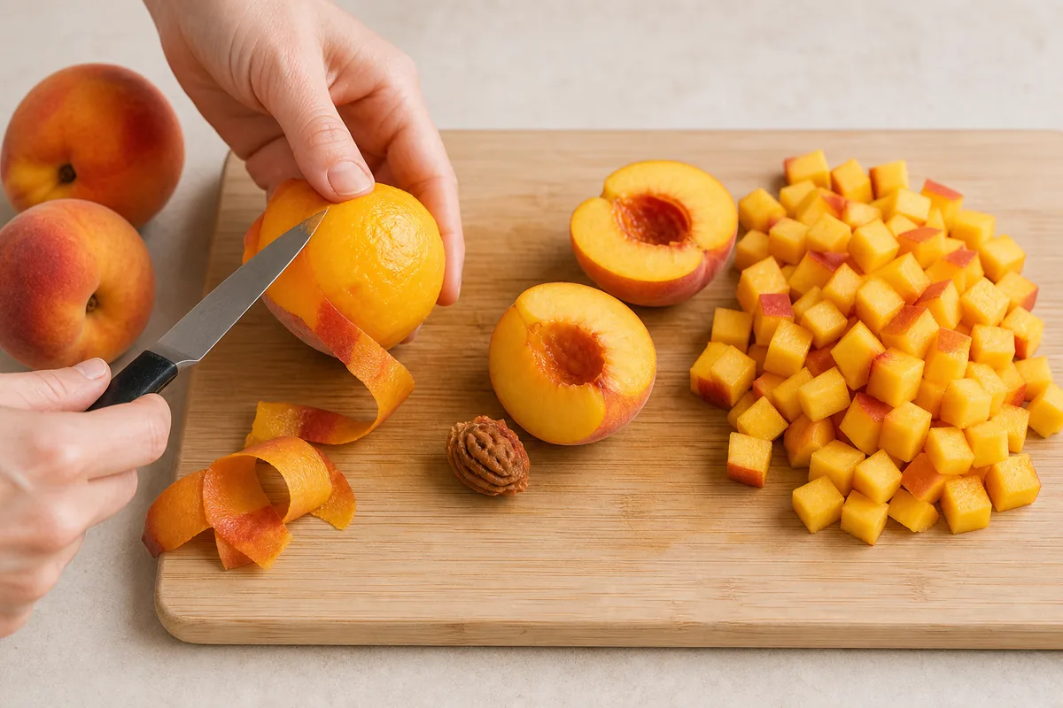 Ripe peaches being peeled, pitted and diced into half-inch pieces