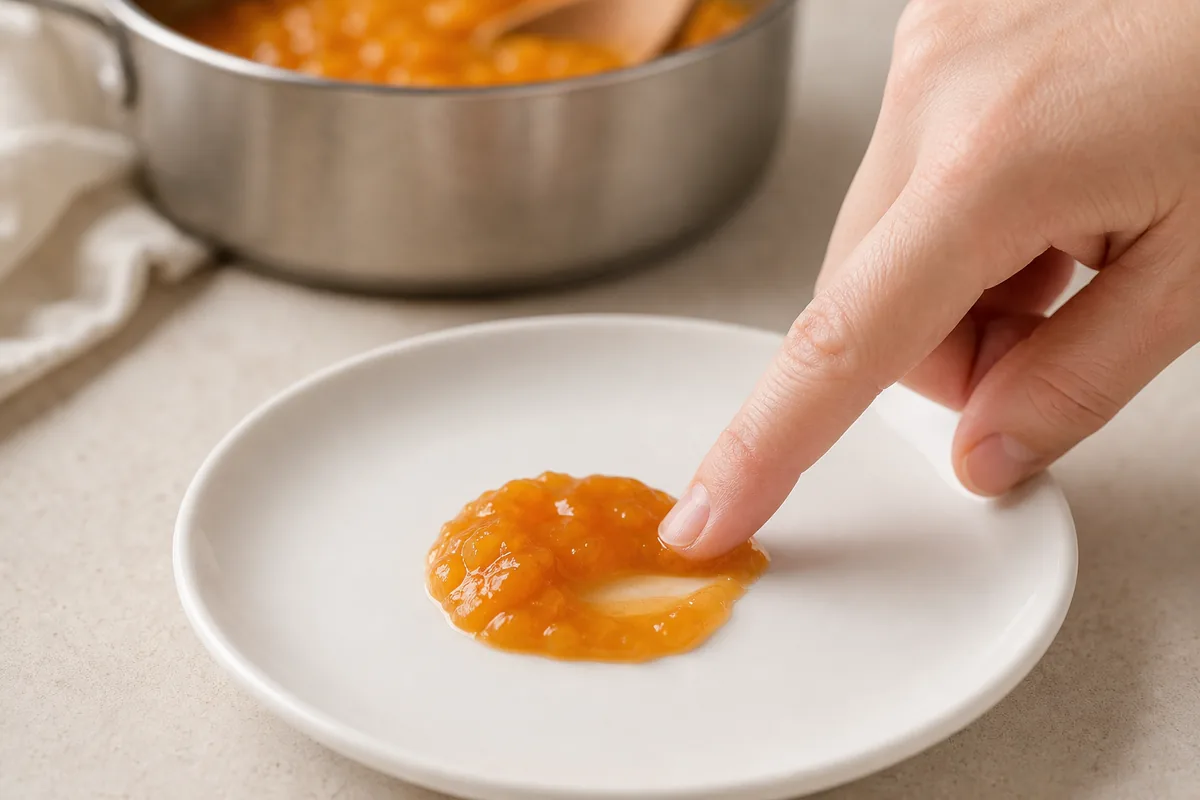 Peach jam on a chilled plate being pushed to check its set