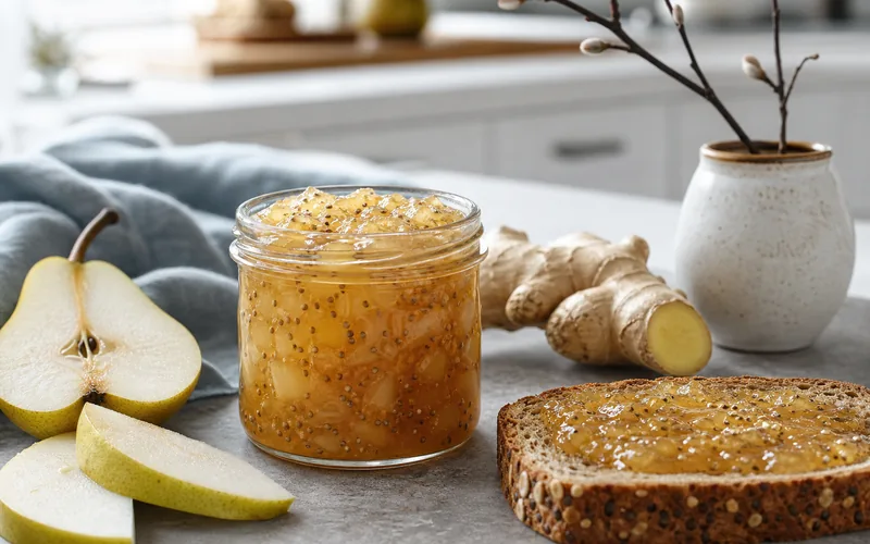 Jar of sugar free pear ginger chia jam with pears and fresh ginger