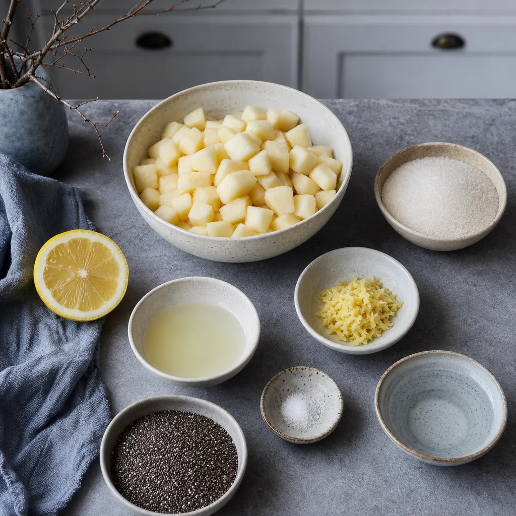 Pears, allulose, ginger, lemon, water, chia seeds and salt for jam