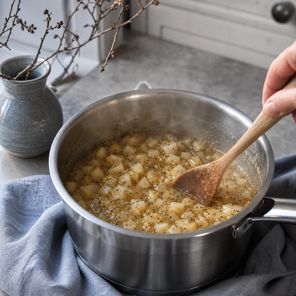 Pear ginger chia jam simmering in a stainless steel saucepan