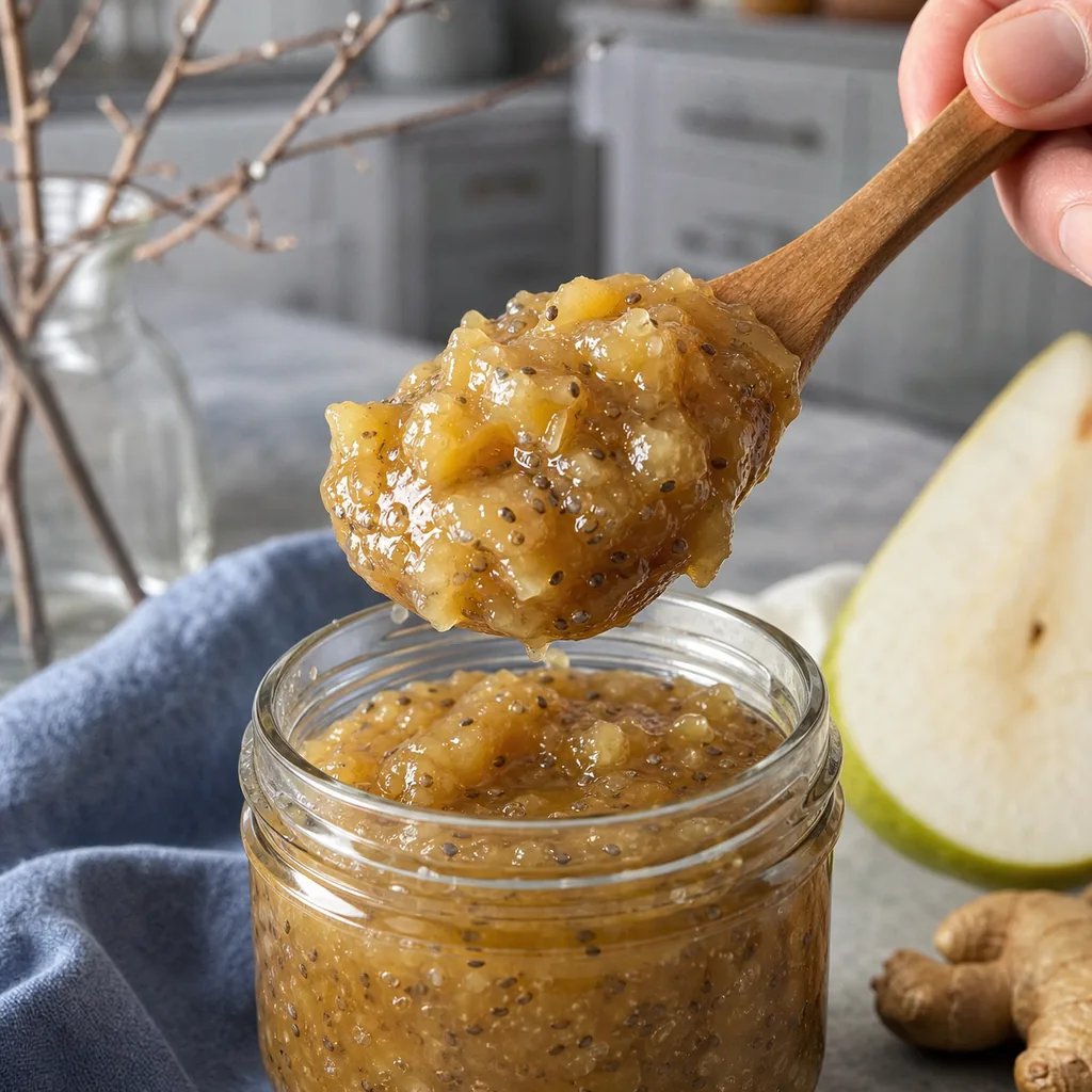 Spoon lifting thick sugar free pear ginger chia jam