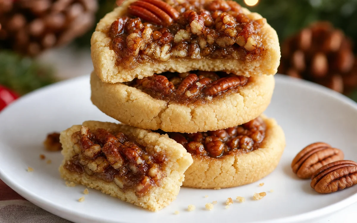 Stack of gooey pecan pie cookies with buttery shortbread bases and caramel pecan topping