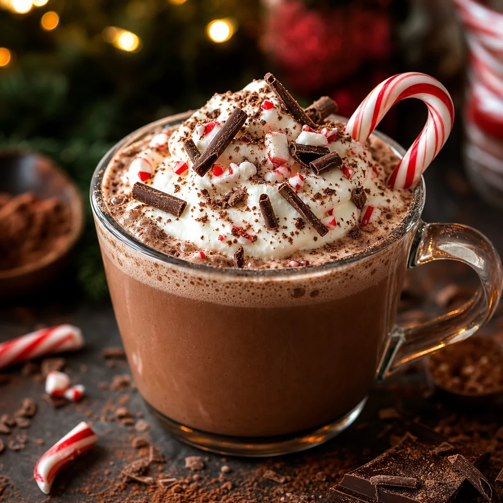 Peppermint hot chocolate topped with whipped cream, chocolate curls, and crushed candy cane