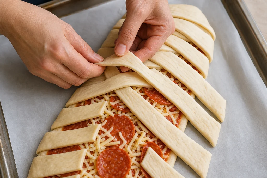 Folding dough strips over filling to create a pepperoni pizza braid pattern