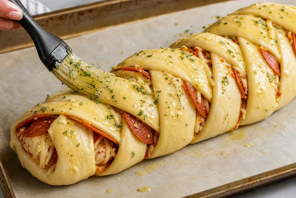 Brushing garlic herb butter on unbaked pepperoni pizza braid before baking