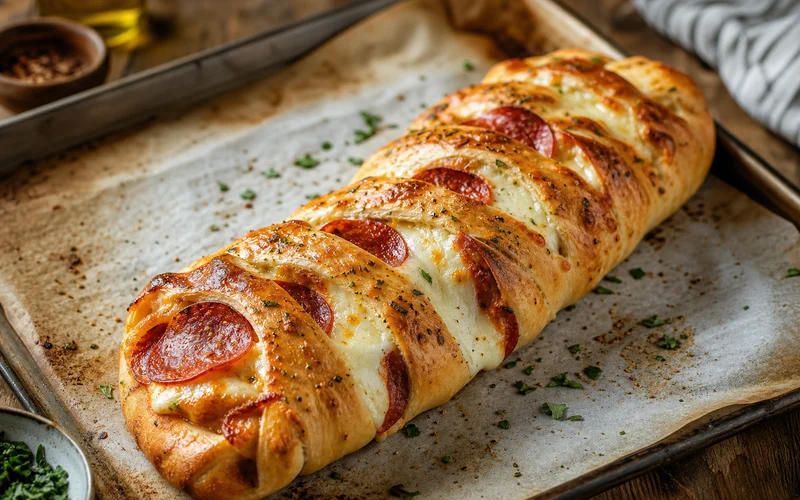Golden pepperoni pizza braid with melted cheese on a baking sheet