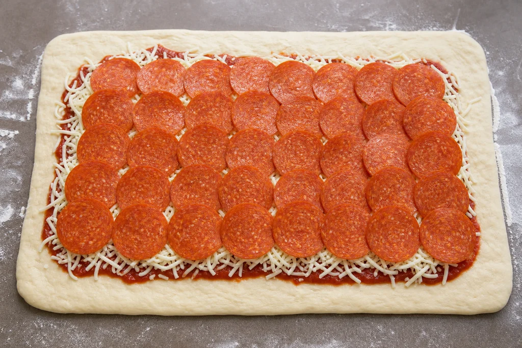 Mozzarella cheese and pepperoni layered over pizza sauce on dough