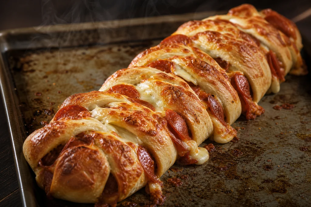 Golden baked pepperoni pizza braid fresh from the oven