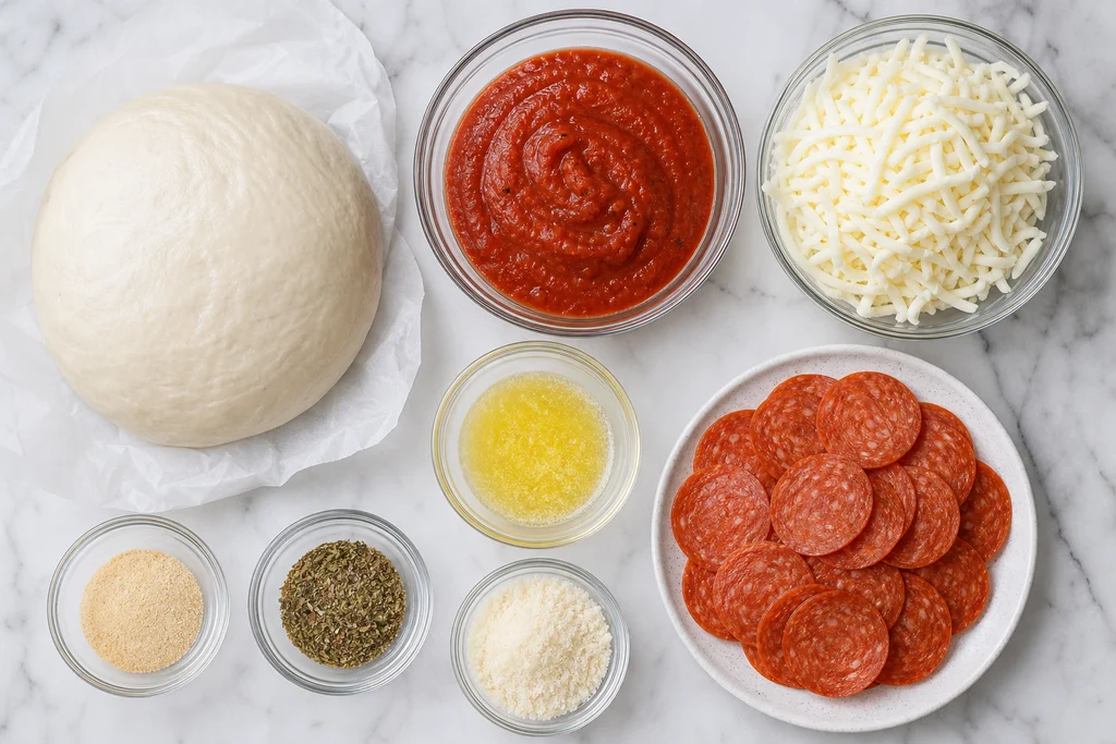 Pizza dough, sauce, mozzarella, pepperoni, and seasonings for pepperoni pizza braid