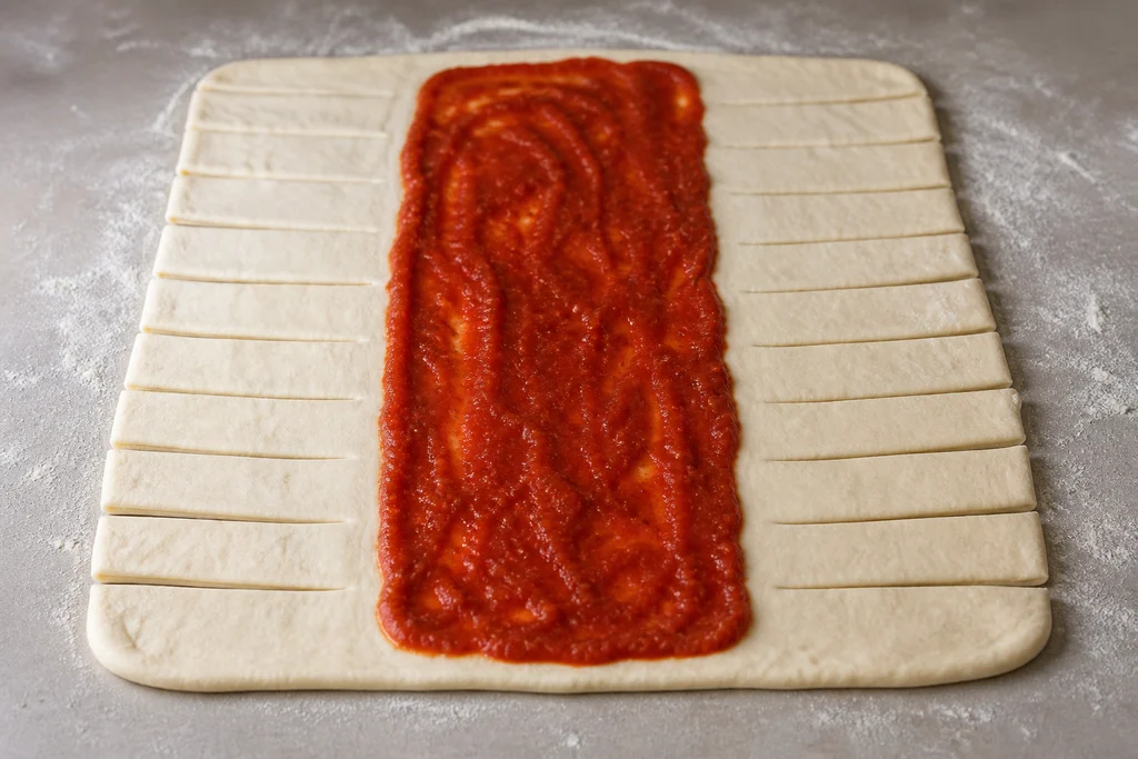 Pizza dough rectangle with sauce spread down the center before braiding
