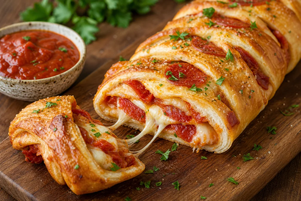 Sliced pepperoni pizza braid served with pizza sauce for dipping