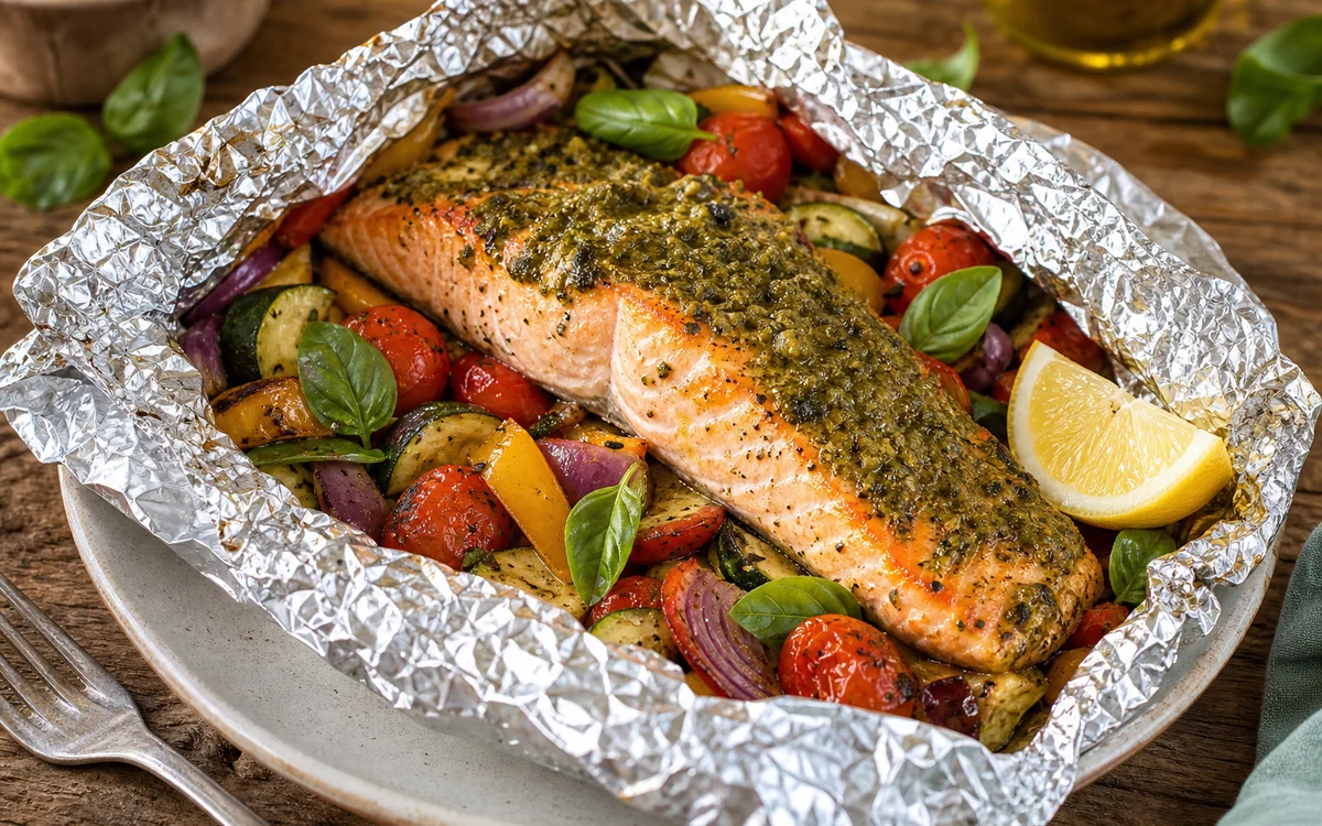 Pesto salmon and Italian veggies in foil with roasted vegetables basil and lemon