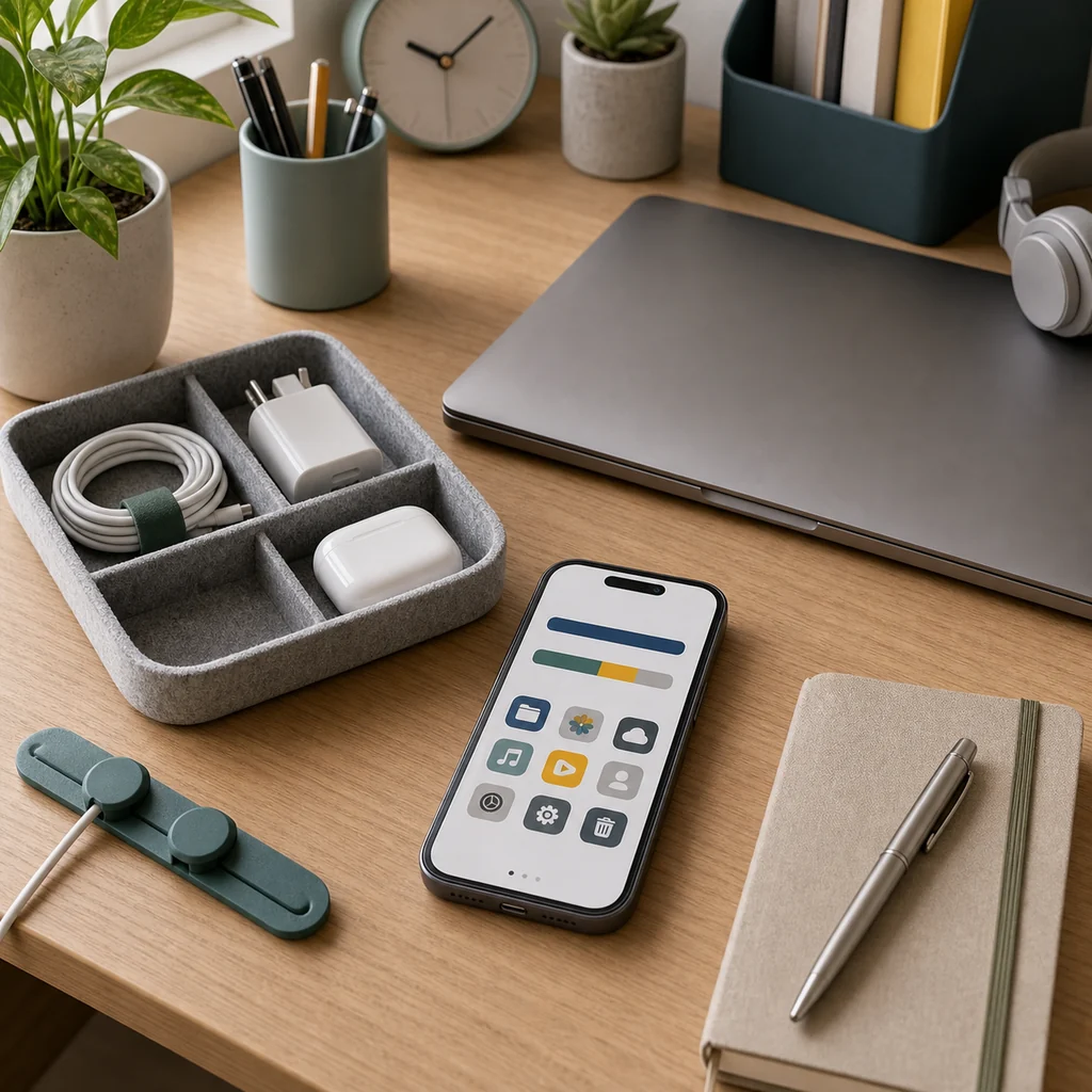 Smartphone and digital accessories on a tidy desk for phone storage cleanup