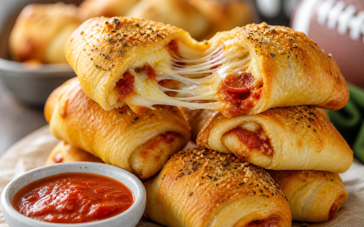 Golden pizza crescent rolls with melted cheese and pepperoni served with marinara dip