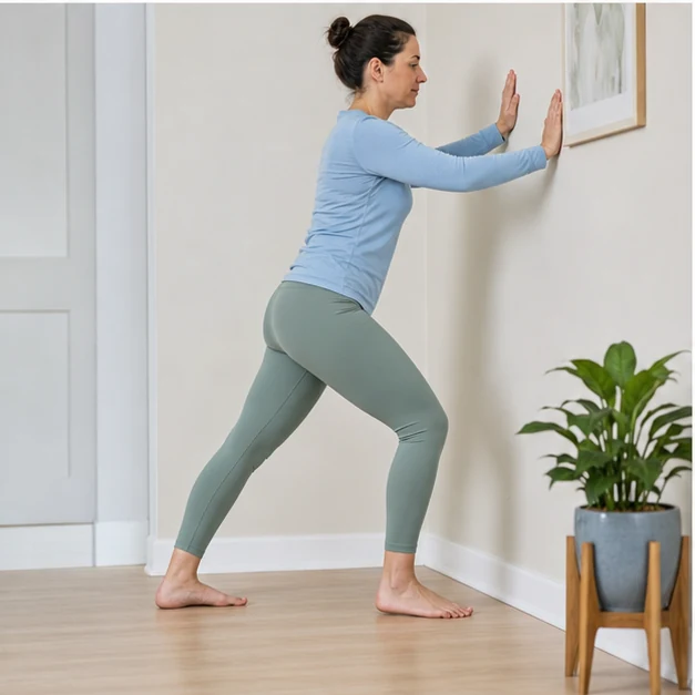 Adult performing a standing calf stretch with the rear heel flat
