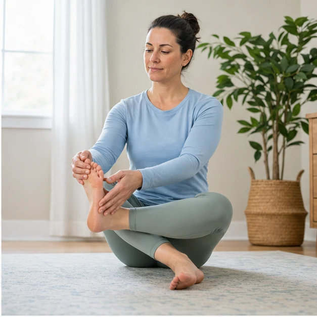 Adult gently pulling the toes back during a seated plantar fascia stretch