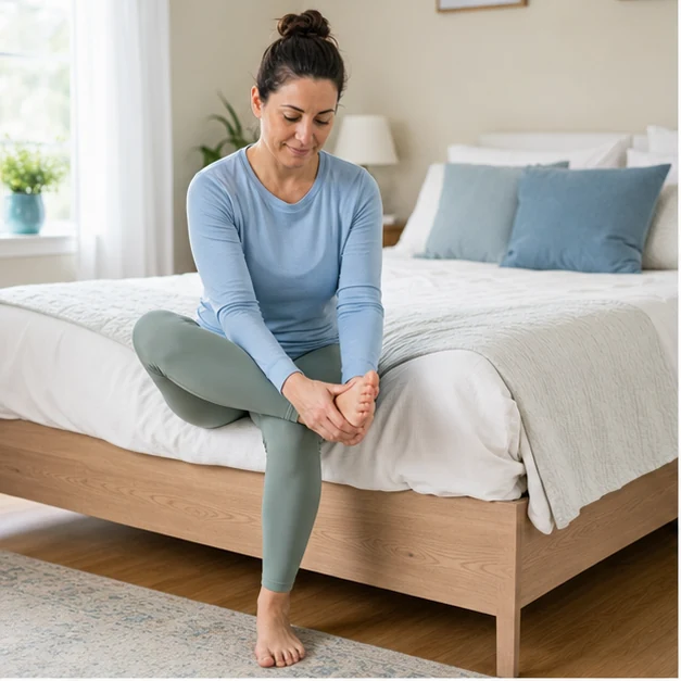 Adult seated in a bright bedroom preparing for morning foot stretches