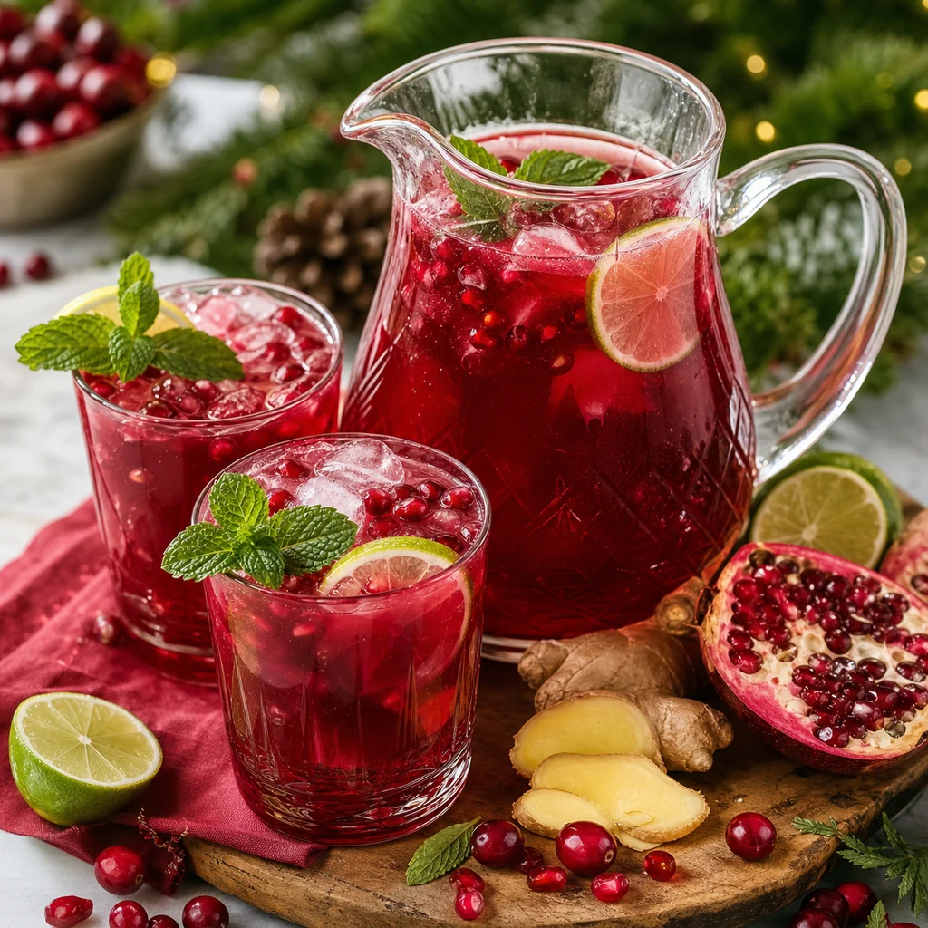 Pomegranate ginger holiday punch in a glass pitcher with mint, lime, ginger, and pomegranate arils