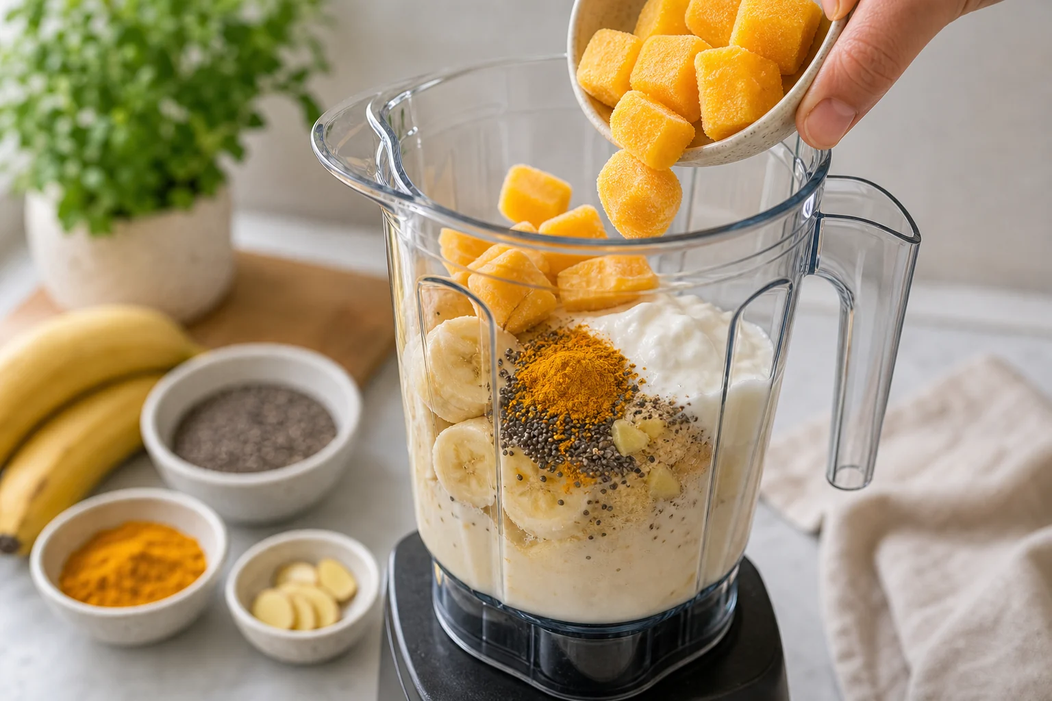 Banana, mango, yogurt, turmeric, ginger, black pepper, and chia seeds inside a blender
