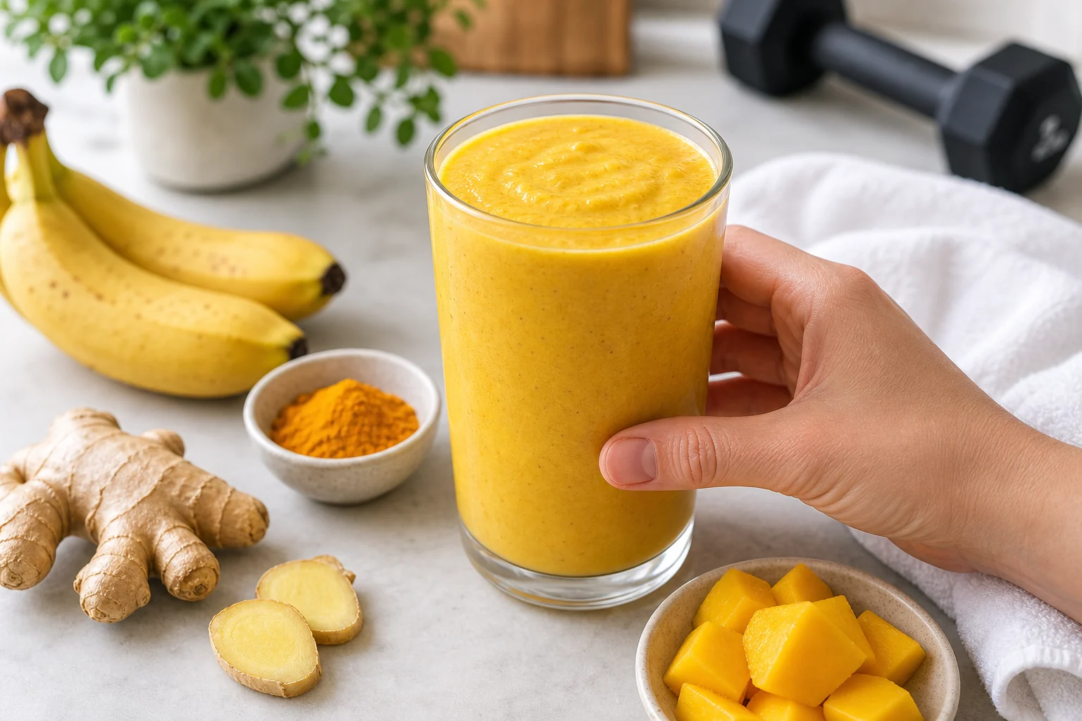 Golden post-workout turmeric smoothie with banana, mango, ginger, and a gym towel