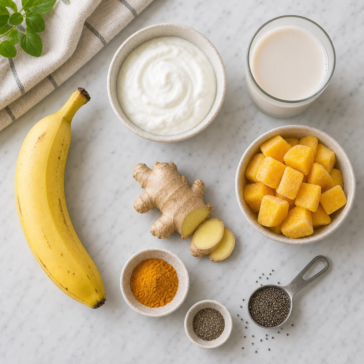 Greek yogurt, banana, frozen mango, almond milk, turmeric, ginger, black pepper, and chia seeds