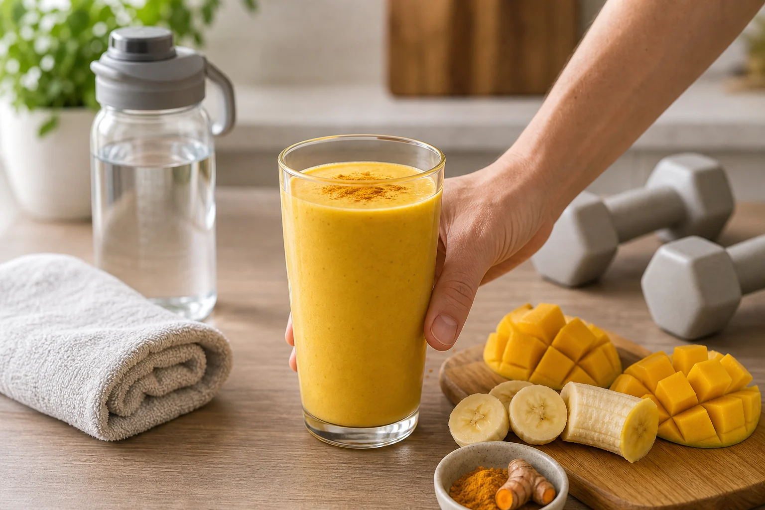 Golden turmeric smoothie beside a water bottle, towel, dumbbells, banana, and mango