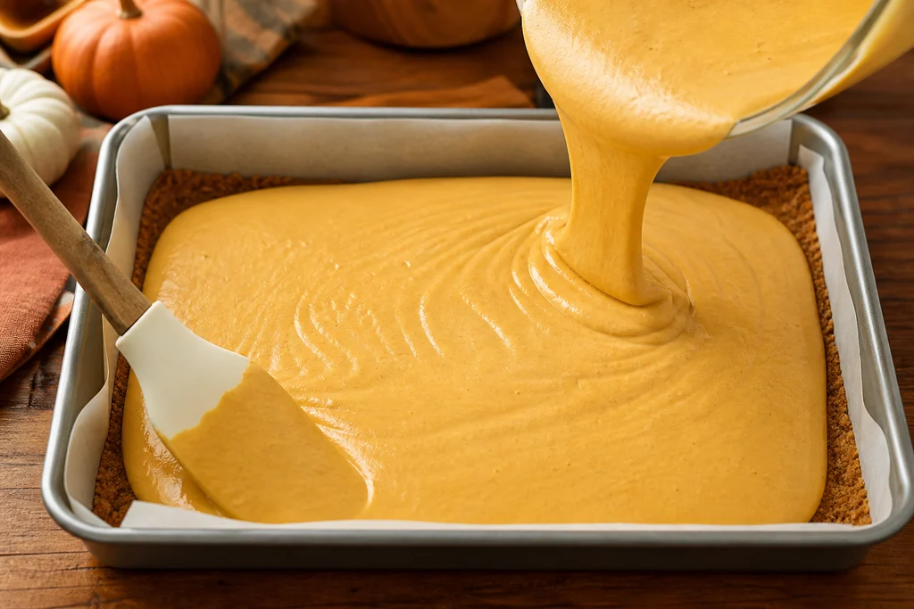 Pumpkin cheesecake filling poured and spread over the baked graham cracker crust in a 9x13 pan