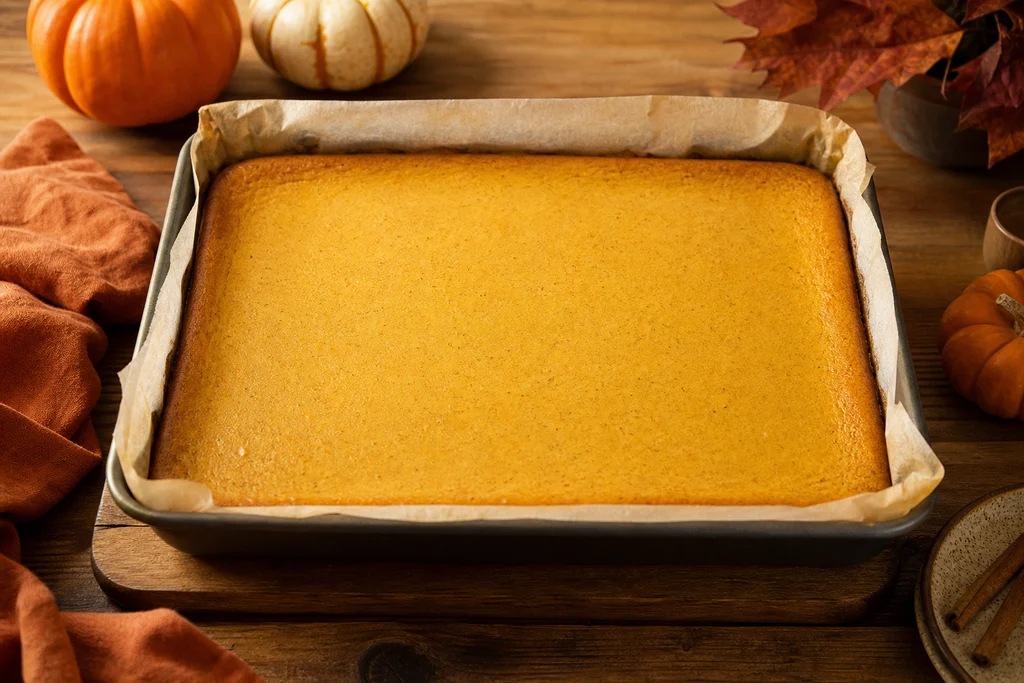 Freshly baked pumpkin cheesecake set in a parchment-lined 9x13 pan, edges lightly golden