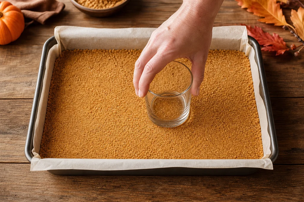 Graham cracker crust pressed firmly into a parchment-lined 9x13 baking pan with the bottom of a glass