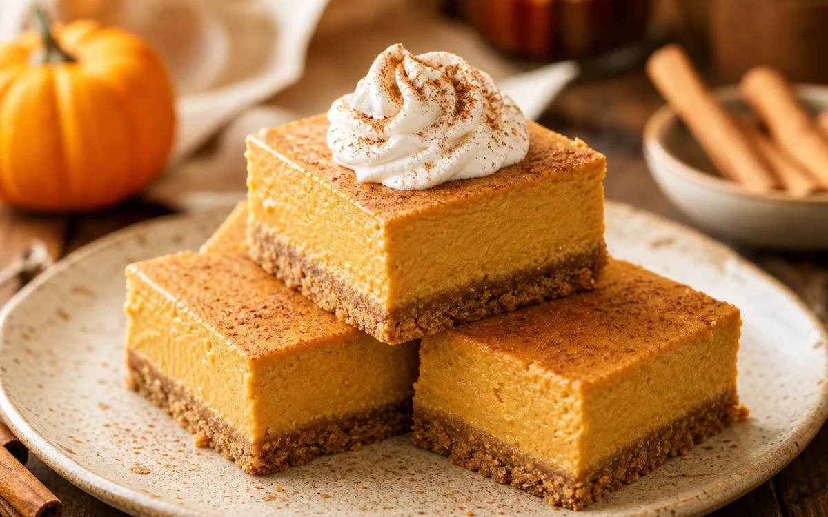 Pumpkin cheesecake bars stacked on a plate showing the graham crust and creamy pumpkin layer with whipped cream