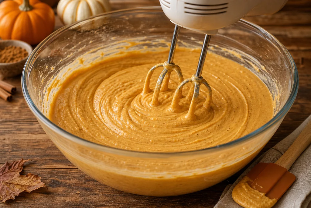 Creamy spiced pumpkin cheesecake filling being mixed smooth in a glass bowl with a hand mixer