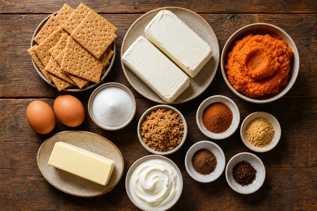 Ingredients for pumpkin cheesecake bars including cream cheese, pumpkin puree, graham crackers, sugars, eggs, butter, and warm spices