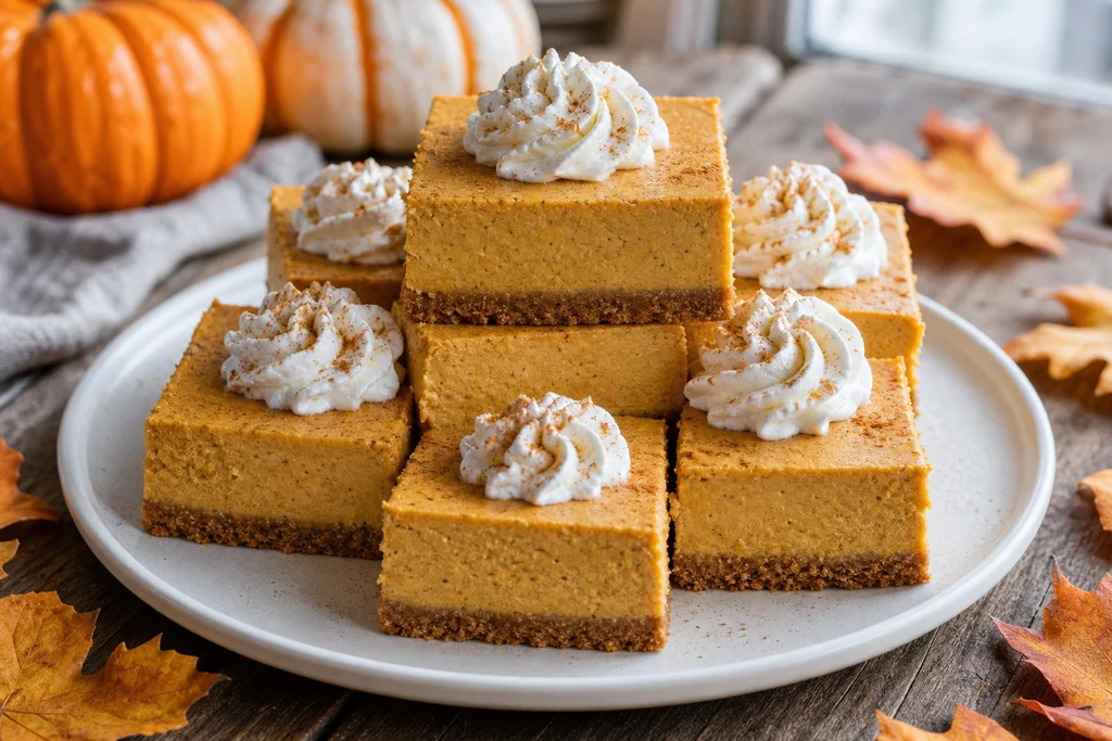 Sliced pumpkin cheesecake bars on a plate topped with whipped cream and a dusting of cinnamon