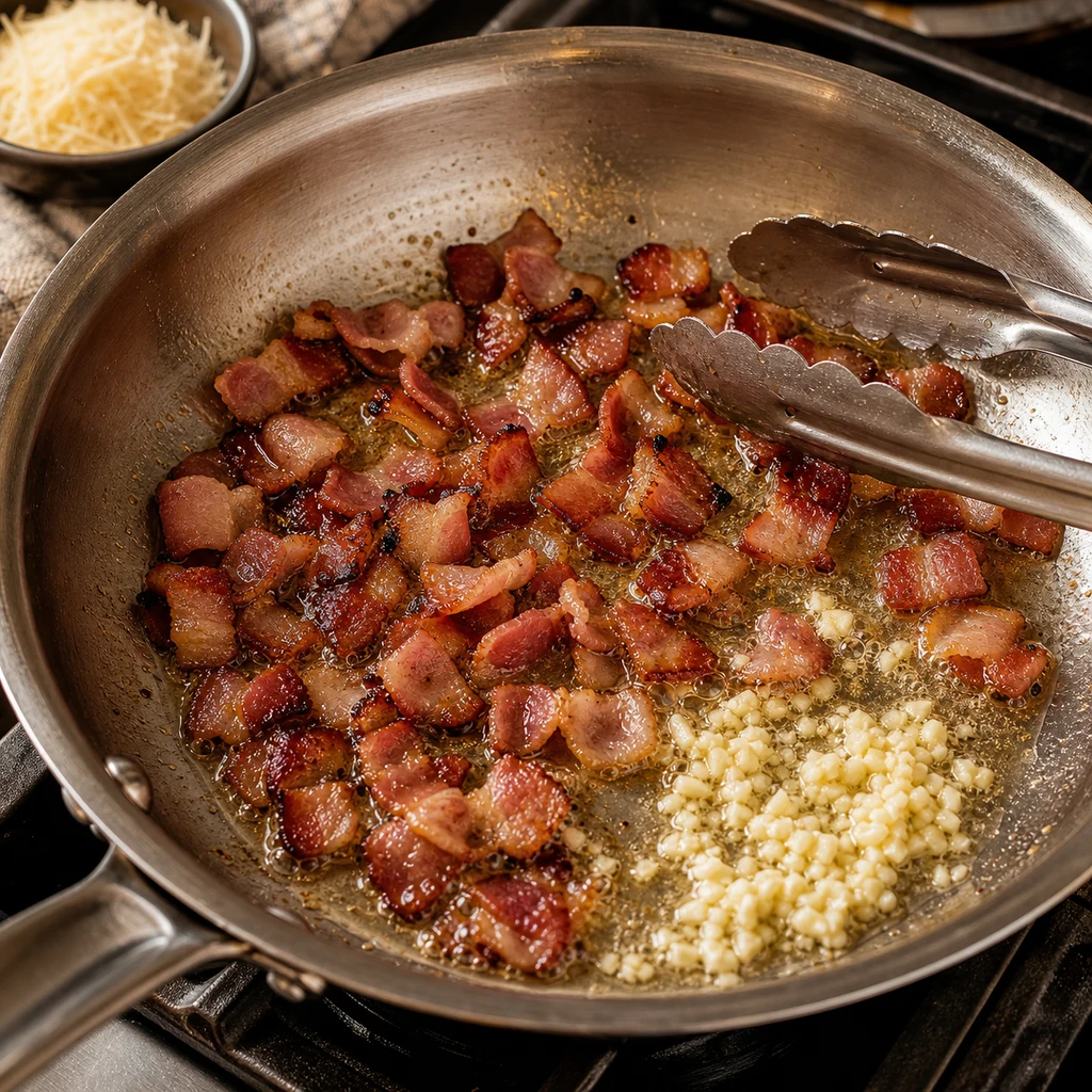 Crispy bacon and minced garlic cooking in a skillet for ramen carbonara