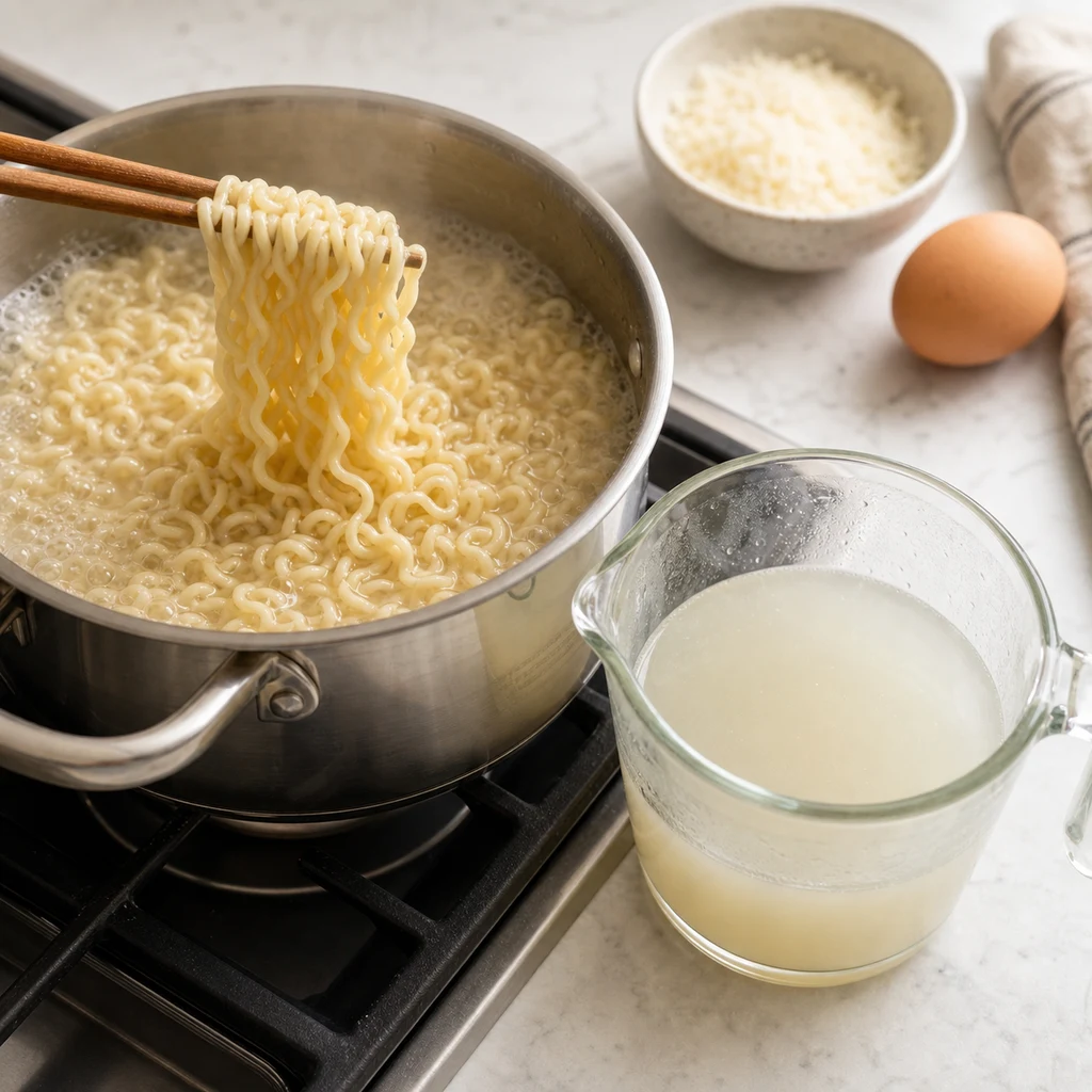 Ramen noodles cooking in a pot with cloudy reserved noodle water measured beside it for ramen carbonara