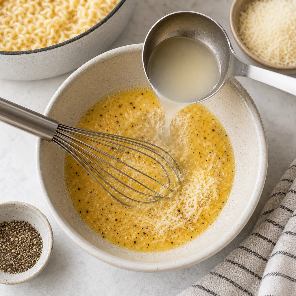 Egg and Parmesan sauce for ramen carbonara being loosened with reserved noodle water