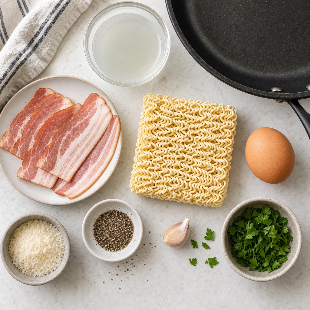 Ingredients for quick ramen carbonara with instant ramen, egg, Parmesan, bacon, garlic, parsley, black pepper, and noodle water