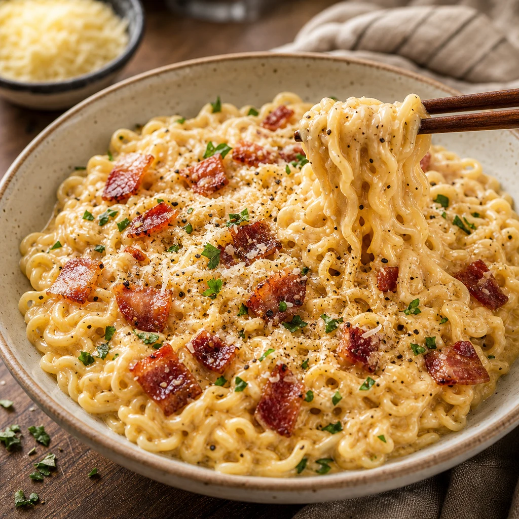 Serving bowl of quick ramen carbonara with creamy noodles, bacon, Parmesan, parsley, and chopsticks lifting noodles
