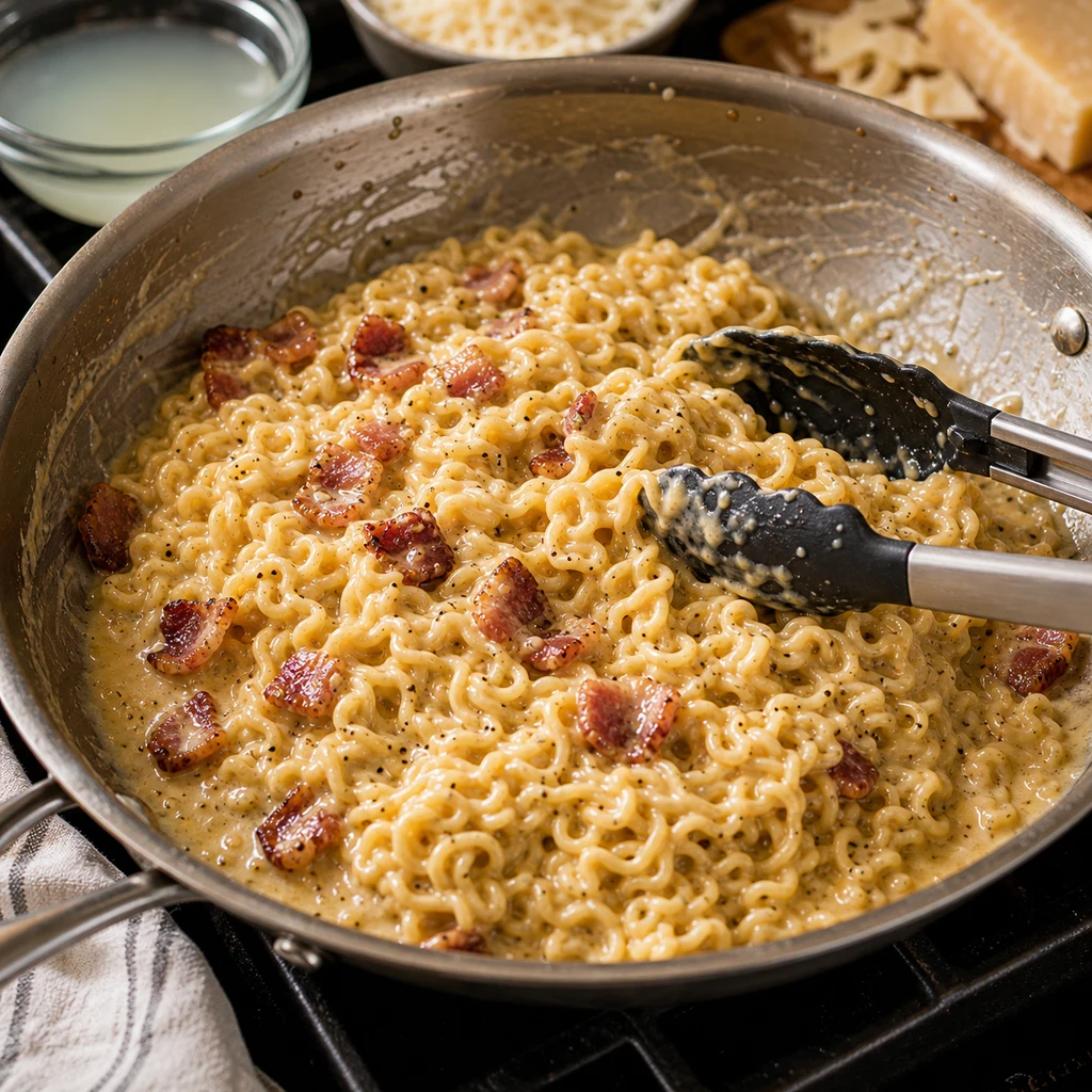 Ramen noodles being tossed with bacon and carbonara sauce off heat in a skillet