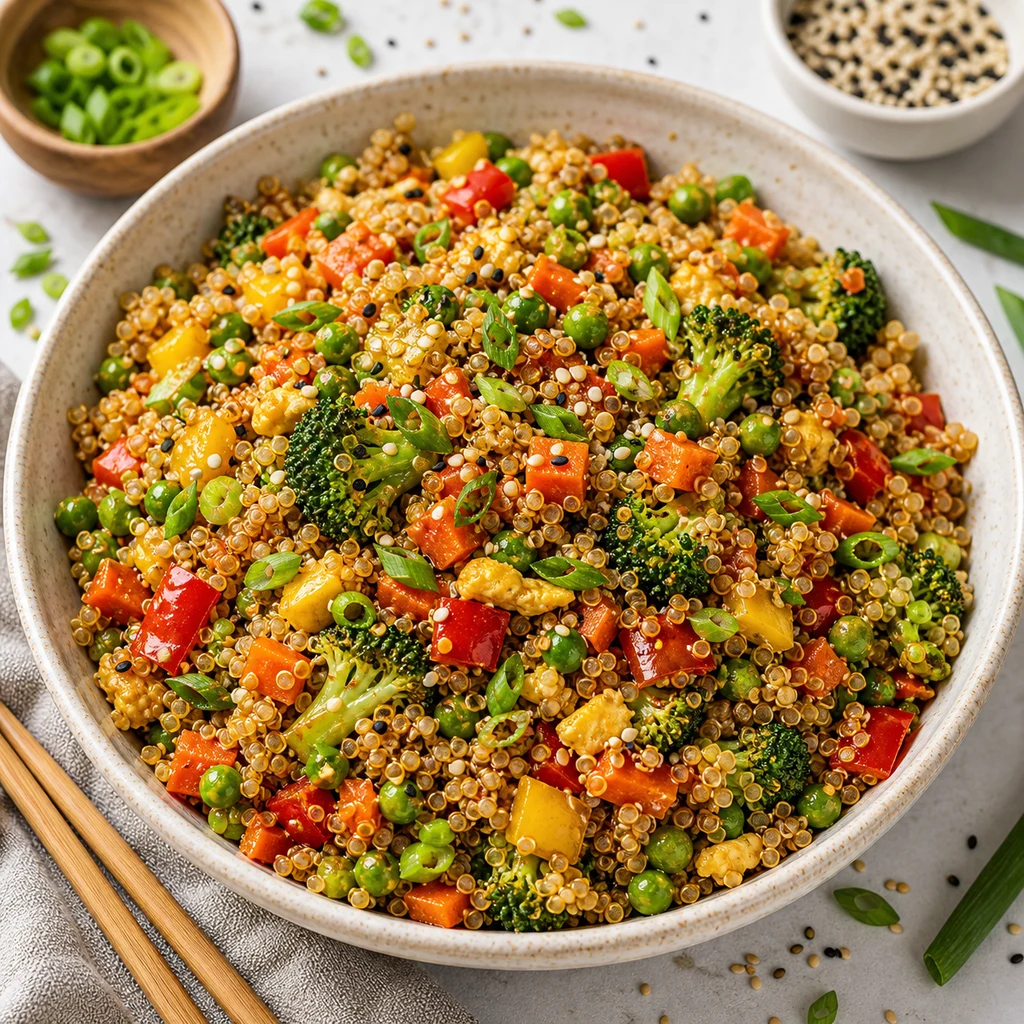 Quinoa Veggie Fried Rice Recipe with fluffy quinoa, broccoli, carrots, peas, bell peppers, green onions, sesame seeds, and soy sesame glaze
