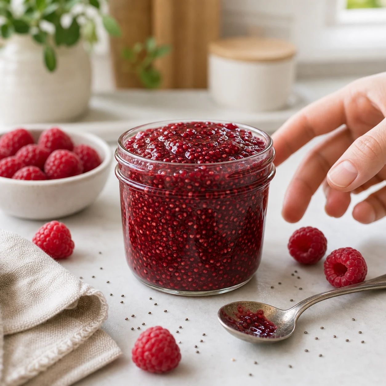 Glass jar of raspberry chia seed jam with fresh raspberries and a spoon on a kitchen counter