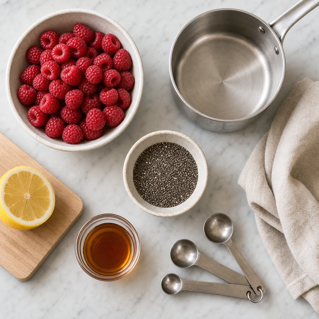 Fresh raspberries, chia seeds, lemon, maple syrup, measuring spoons, and saucepan for chia seed jam
