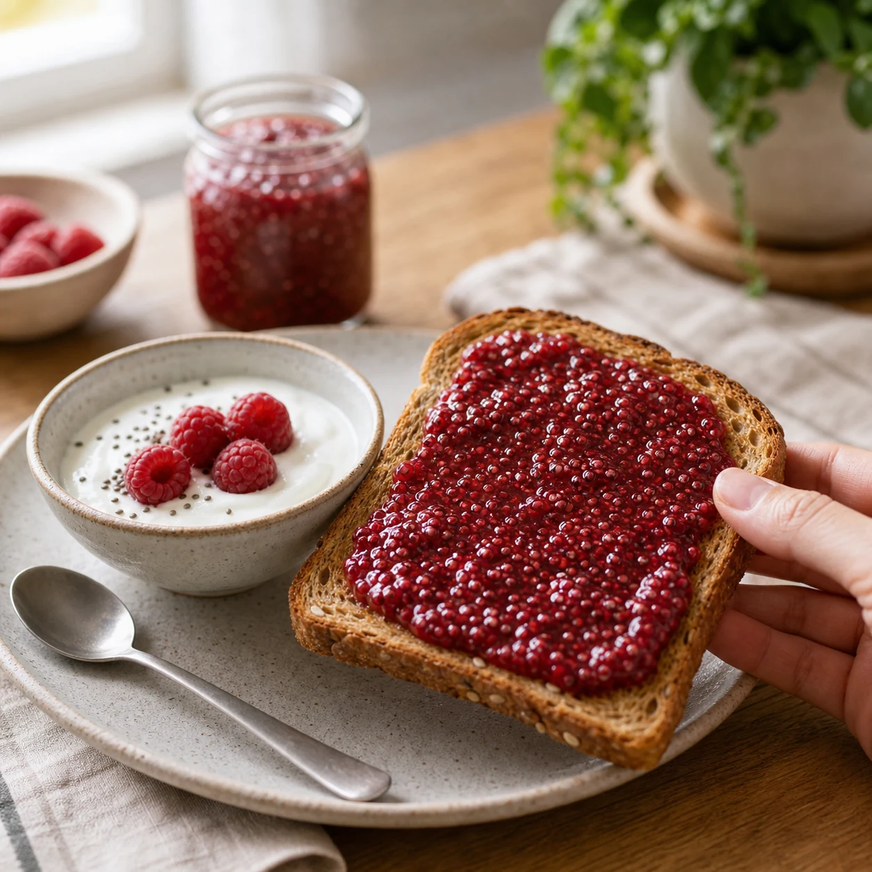 Raspberry chia seed jam spread on whole-grain toast beside plain yogurt and fresh raspberries
