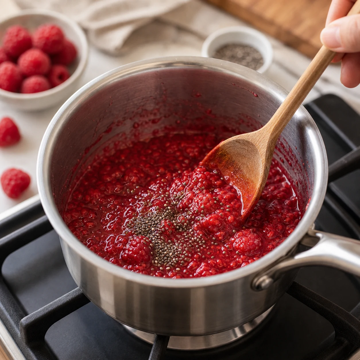 Raspberry chia seed jam simmering in a saucepan while being stirred with a wooden spoon
